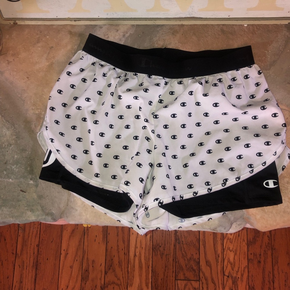 Champion White Athletic Shorts with Black under biker shirt size L Logo